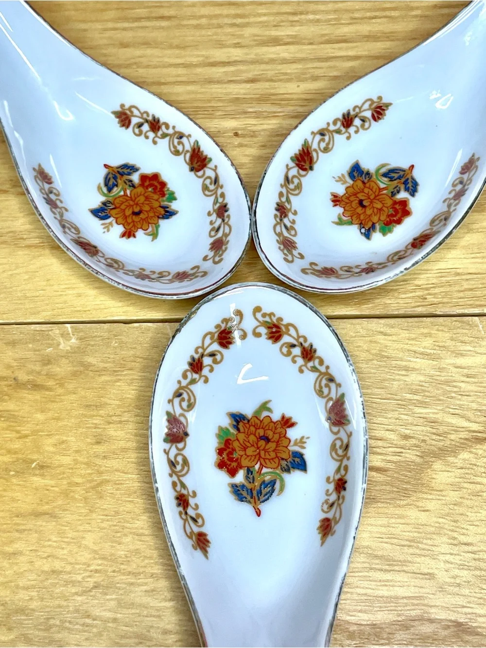 Vintage Floral Porcelain Soup Spoons - Set of 3, White with Floral Decal